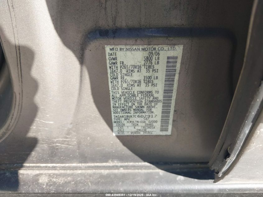 2007 Nissan Pathfinder Se VIN: 5N1AR18UX7C602917 Lot: 43949351