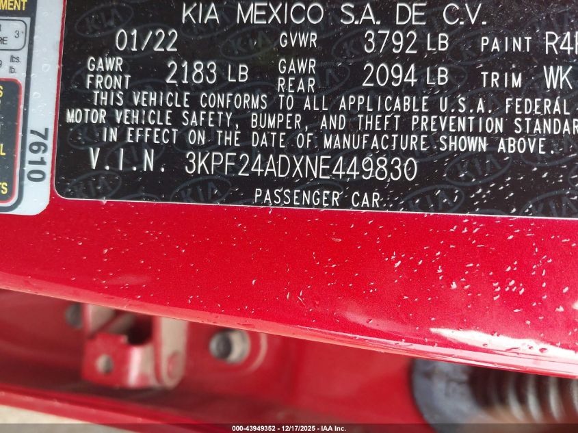 2022 Kia Forte Lxs VIN: 3KPF24ADXNE449830 Lot: 43949352