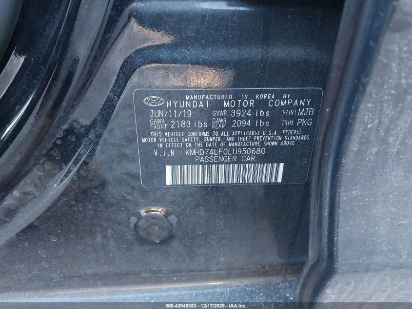 2020 Hyundai Elantra Se VIN: KMHD74LF0LU950680 Lot: 43949353