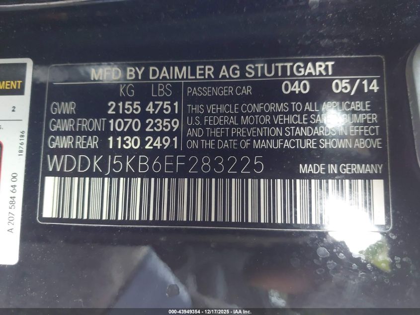 2014 Mercedes-Benz E 350 VIN: WDDKJ5KB6EF283225 Lot: 43949354