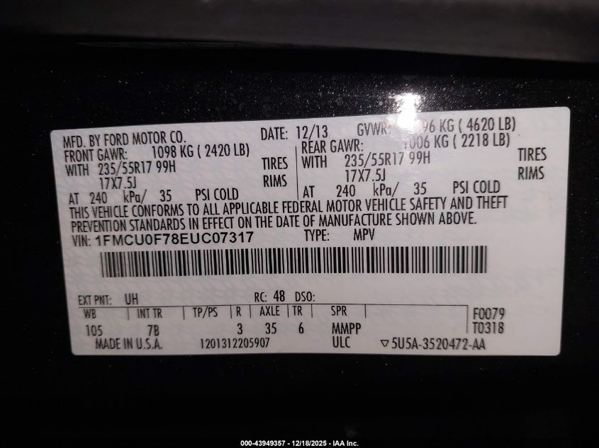 2014 Ford Escape S VIN: 1FMCU0F78EUC07317 Lot: 43949357