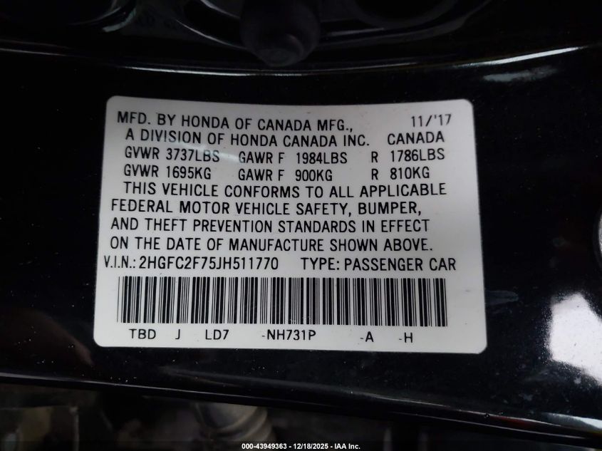 2018 Honda Civic Ex VIN: 2HGFC2F75JH511770 Lot: 43949363