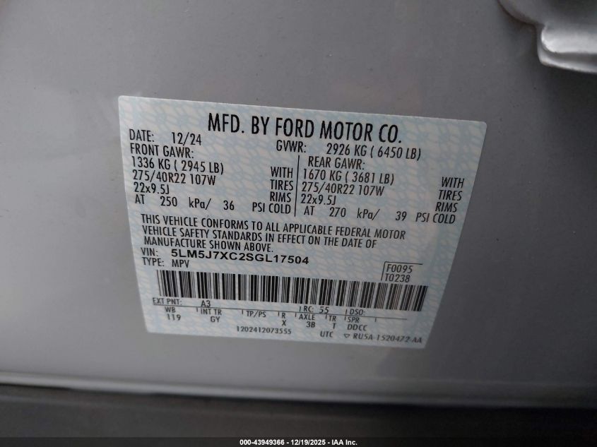 2025 Lincoln Aviator Reserve VIN: 5LM5J7XC2SGL17504 Lot: 43949366