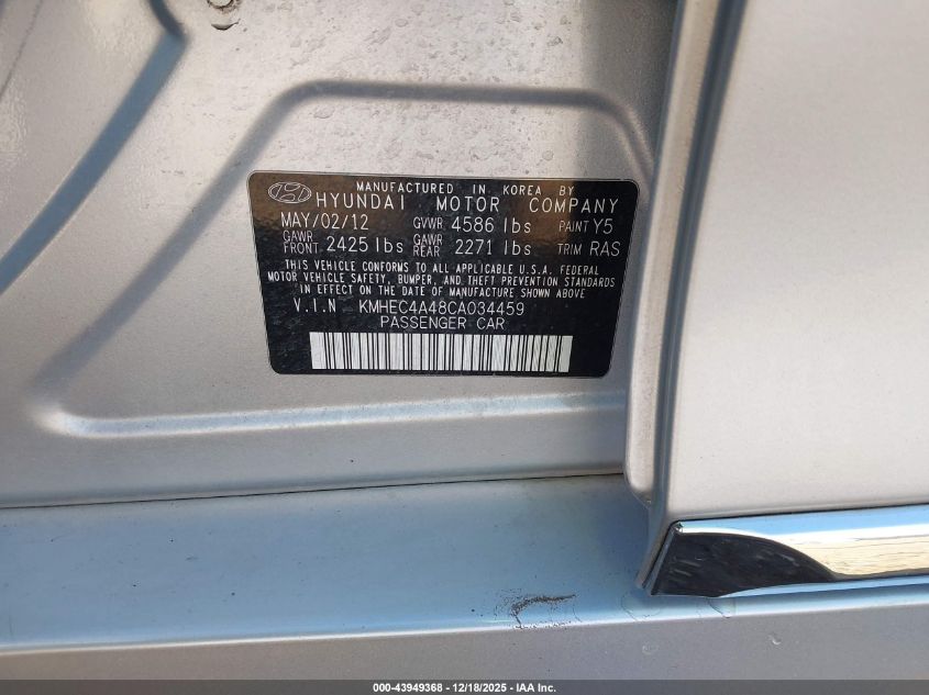 2012 Hyundai Sonata Hybrid VIN: KMHEC4A48CA034459 Lot: 43949368