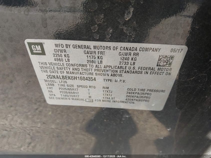 2017 Chevrolet Equinox Ls VIN: 2GNALBEK6H1604354 Lot: 43949369