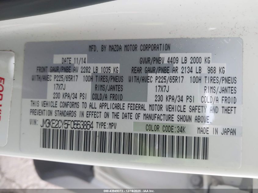 2015 Mazda Cx-5 Touring VIN: JM3KE2CY5F0553864 Lot: 43949373