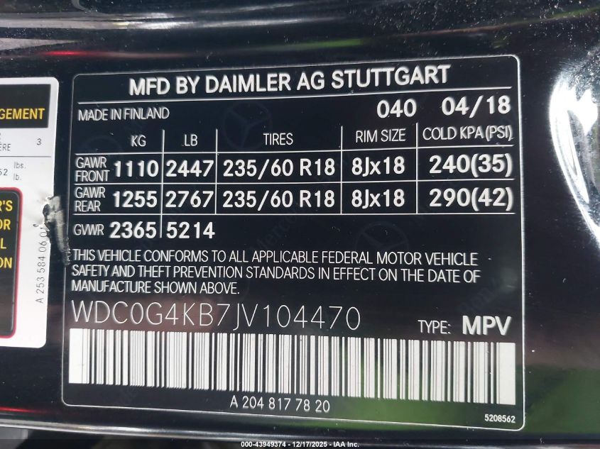 2018 Mercedes-Benz Glc 300 4Matic VIN: WDC0G4KB7JV104470 Lot: 43949374