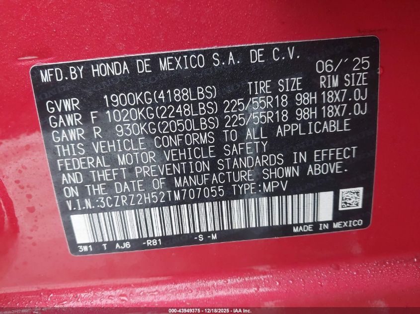 2026 Honda Hr-V Awd Sport VIN: 3CZRZ2H52TM707055 Lot: 43949375