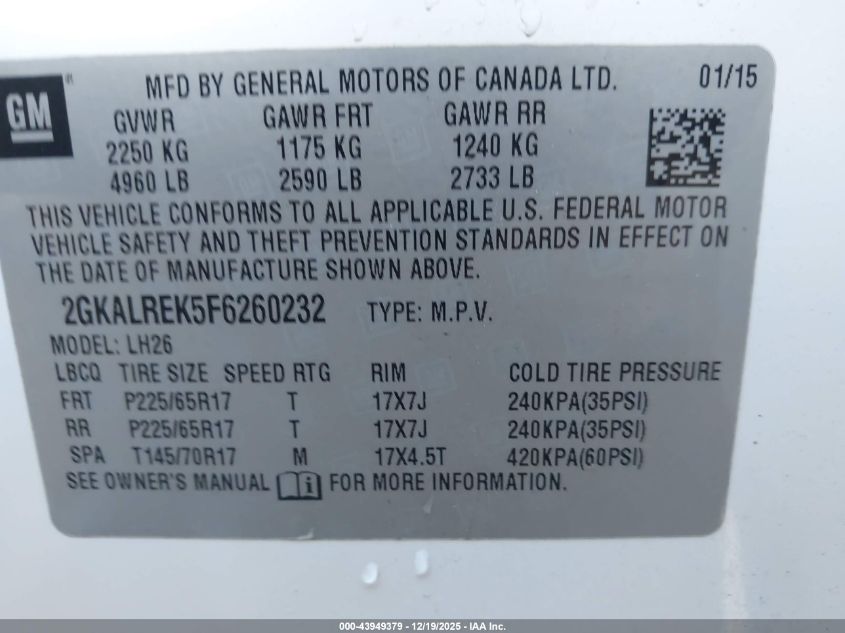 2015 GMC Terrain Sle-2 VIN: 2GKALREK5F6260232 Lot: 43949379