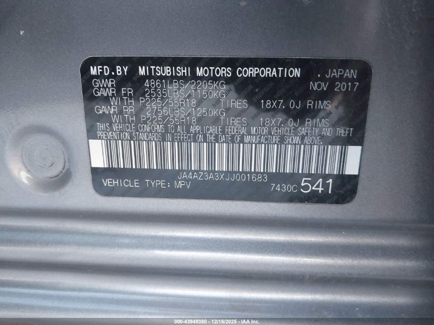 2018 Mitsubishi Outlander Sel VIN: JA4AZ3A3XJJ001683 Lot: 43949380