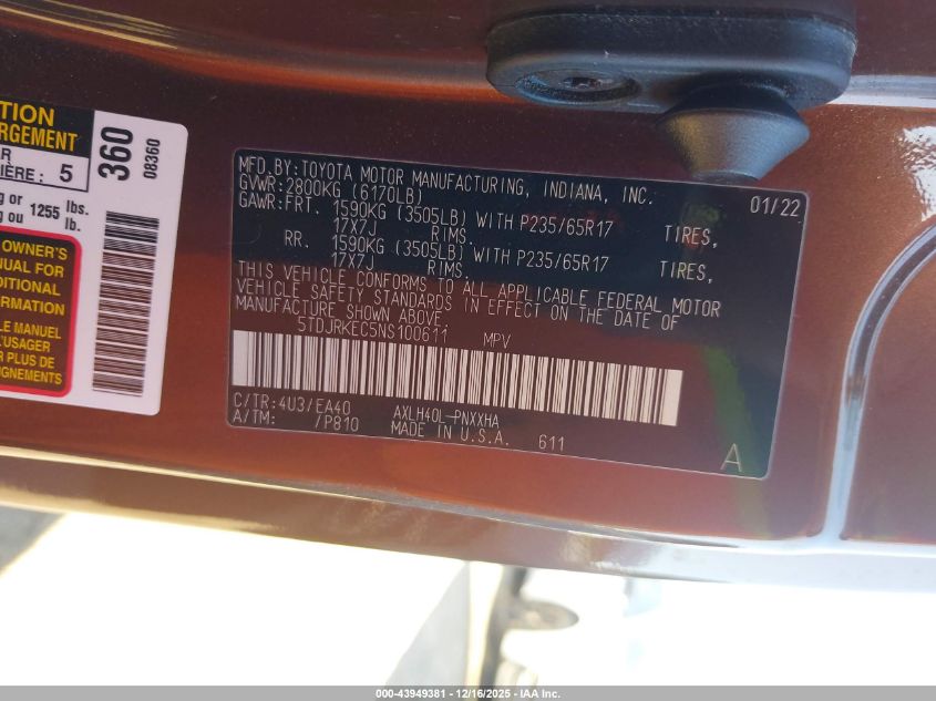 2022 Toyota Sienna Xle VIN: 5TDJRKEC5NS100611 Lot: 43949381