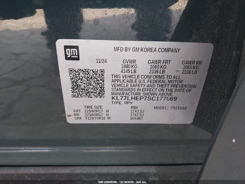 2025 Chevrolet Trax Fwd Lt VIN: KL77LHEP7SC177069 Lot: 43949386