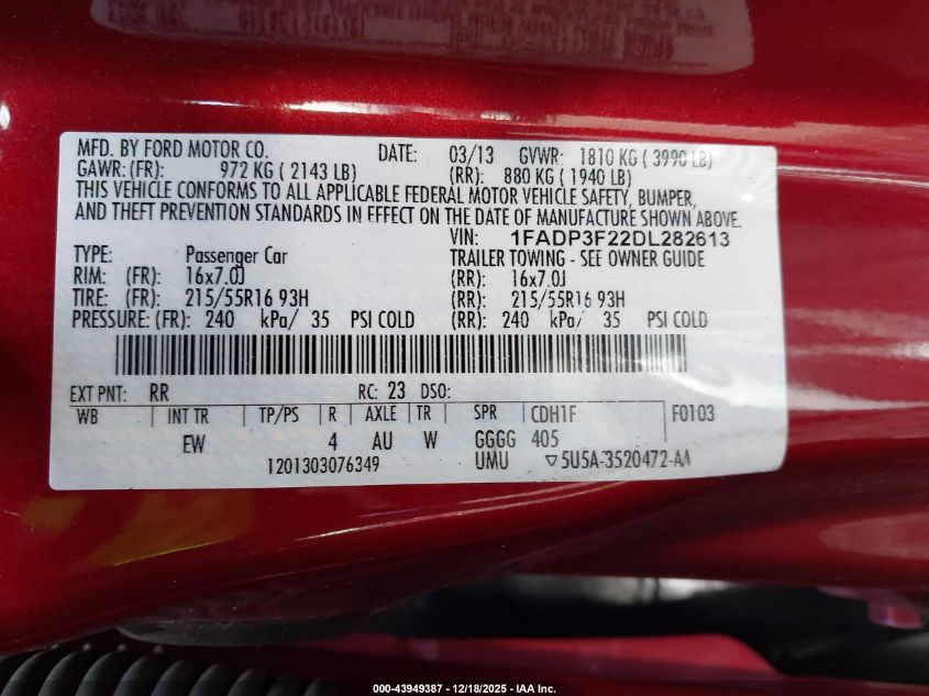 2013 Ford Focus Se VIN: 1FADP3F22DL282613 Lot: 43949387