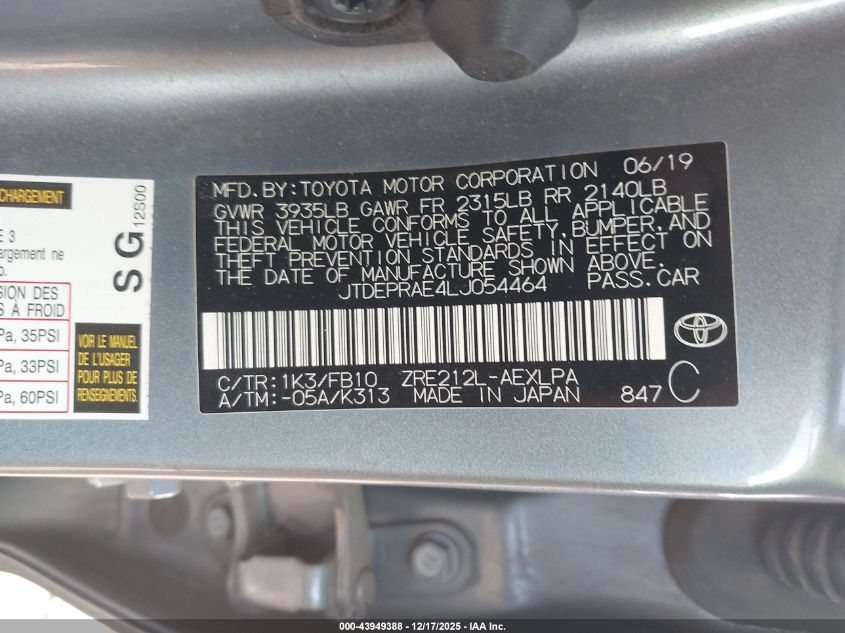 2020 Toyota Corolla Le VIN: JTDEPRAE4LJ054464 Lot: 43949388