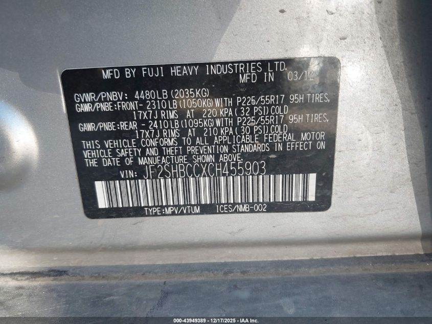 2012 Subaru Forester 2.5X Premium VIN: JF2SHBCCXCH455903 Lot: 43949389