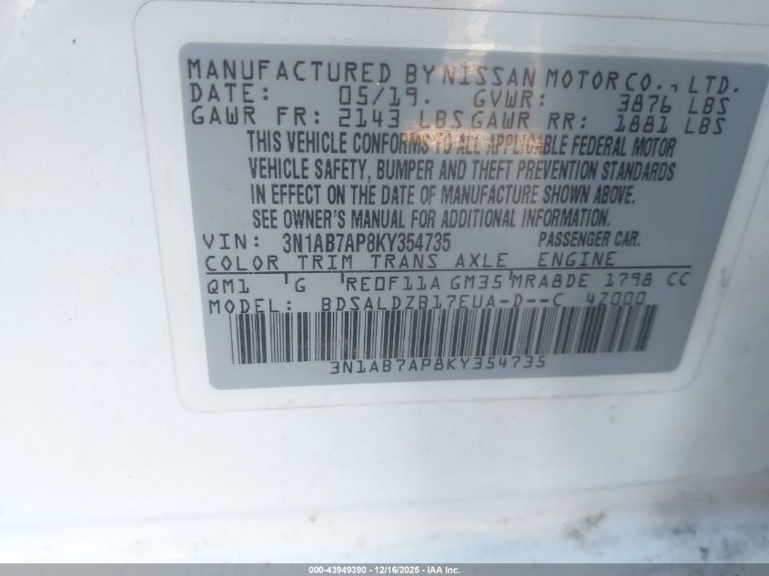 2019 Nissan Sentra Sv VIN: 3N1AB7AP8KY354735 Lot: 43949390