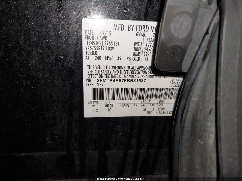 2015 Ford Edge Titanium VIN: 2FMTK4K87FBB81537 Lot: 43949391