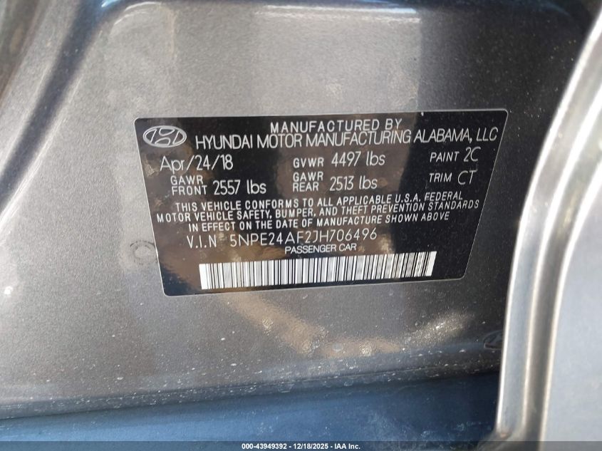 2018 Hyundai Sonata Se VIN: 5NPE24AF2JH706496 Lot: 43949392