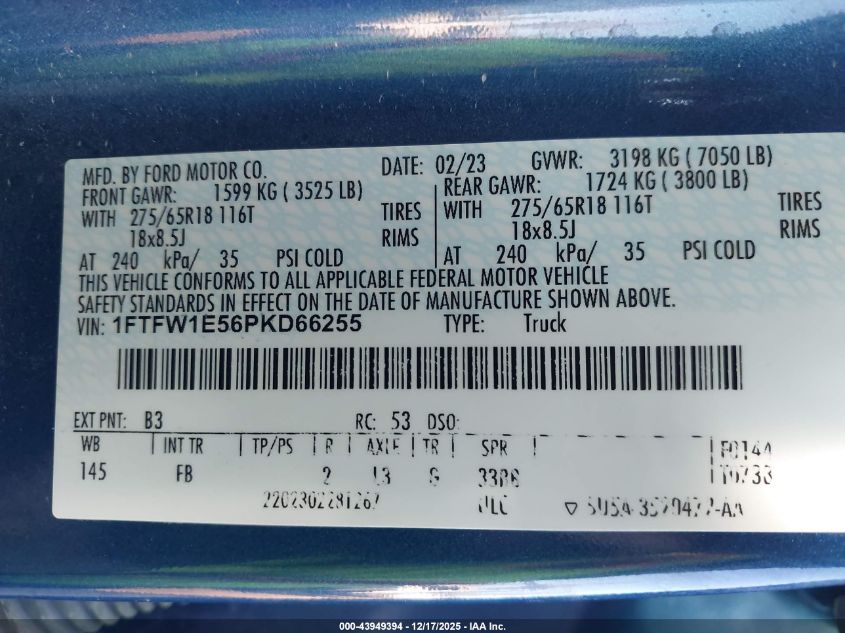 2023 Ford F-150 Xlt VIN: 1FTFW1E56PKD66255 Lot: 43949394