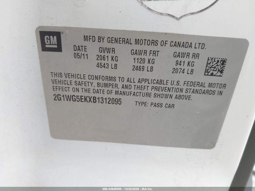 2011 Chevrolet Impala Lt VIN: 2G1WG5EKXB1312095 Lot: 43949395