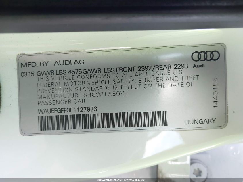 2015 Audi A3 2.0T Premium VIN: WAUEFGFF0F1127923 Lot: 43949399