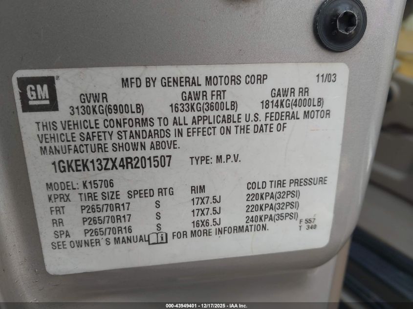 2004 GMC Yukon Slt VIN: 1GKEK13ZX4R201507 Lot: 43949401