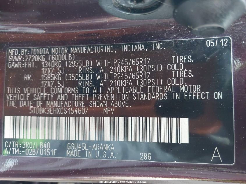 2012 Toyota Highlander Se V6 VIN: 5TDBK3EHXCS154607 Lot: 43949403