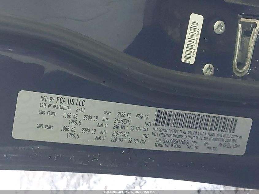 2019 Jeep Compass Trailhawk 4X4 VIN: 3C4NJDDB8KT748054 Lot: 43949404