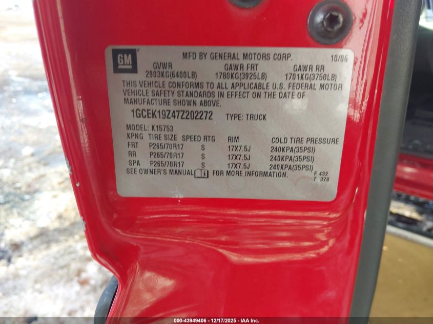 2007 Chevrolet Silverado 1500 Classic Lt2 VIN: 1GCEK19Z47Z202272 Lot: 43949406