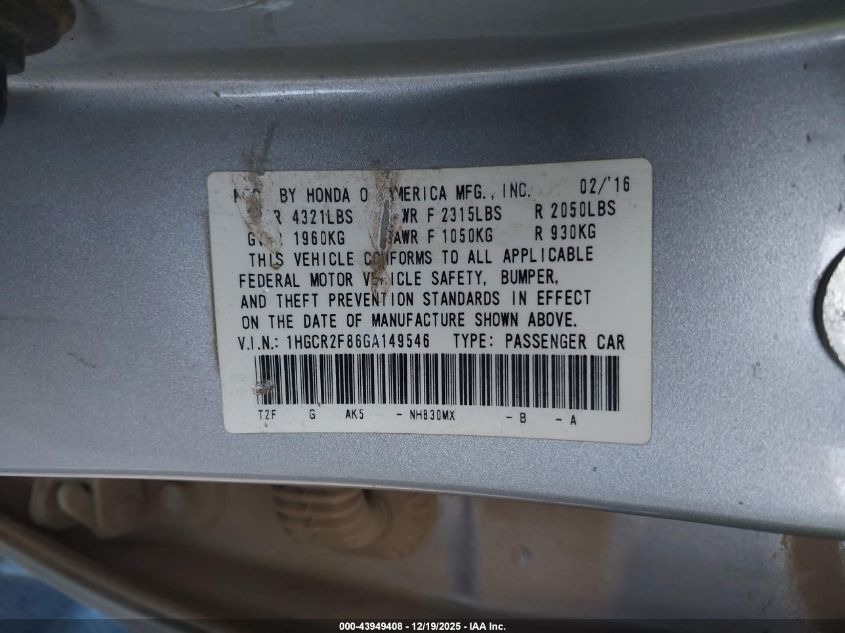 2016 Honda Accord Ex-L VIN: 1HGCR2F86GA149546 Lot: 43949408