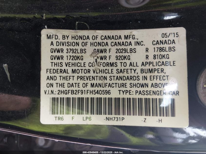 2015 Honda Civic Ex-L VIN: 2HGFB2F91FH540596 Lot: 43949409