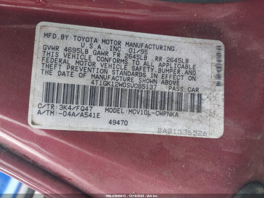 1995 Toyota Camry Le VIN: 4T1GK12W0SU085137 Lot: 43949412