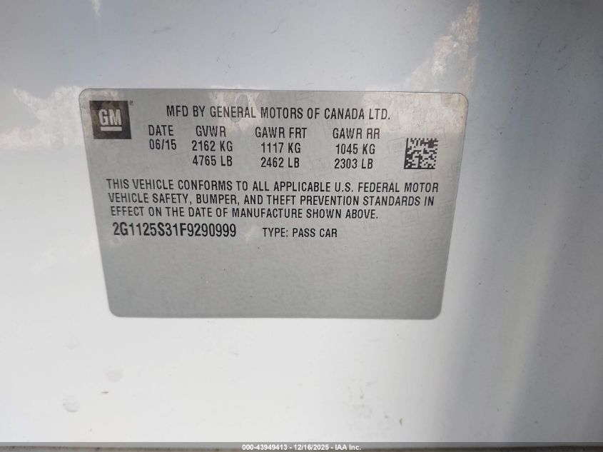 2015 Chevrolet Impala 2Lt VIN: 2G1125S31F9290999 Lot: 43949413