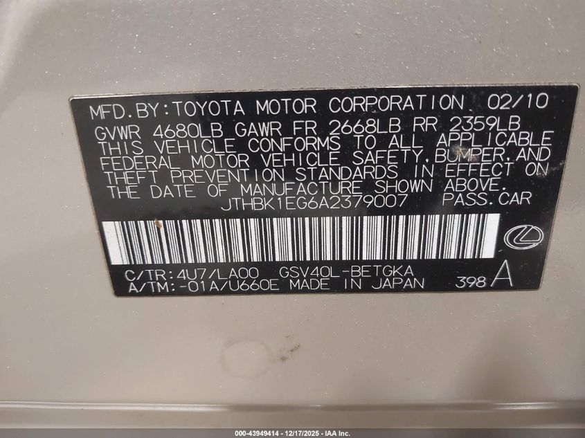 2010 Lexus Es 350 VIN: JTHBK1EG6A2379007 Lot: 43949414