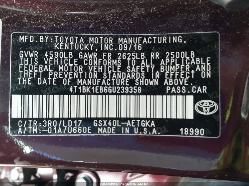 2016 Toyota Avalon Xle VIN: 4T1BK1EB6GU239358 Lot: 43949417