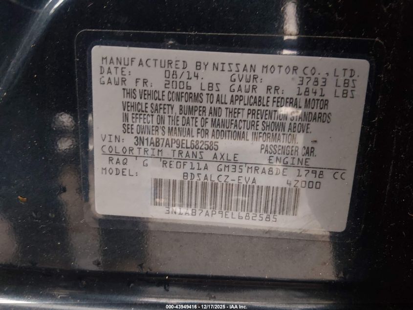 2014 Nissan Sentra S VIN: 3N1AB7AP9EL682585 Lot: 43949416