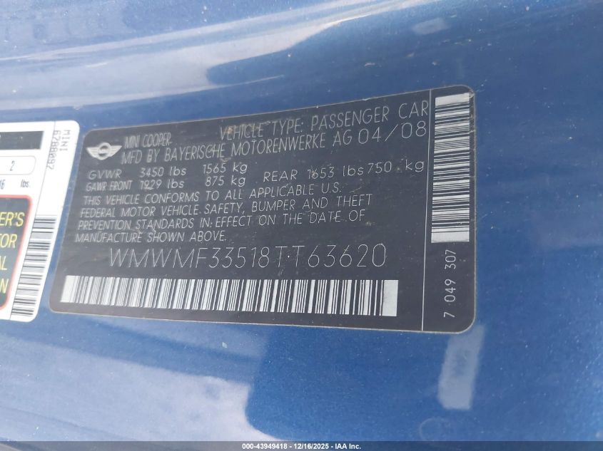 2008 Mini Cooper VIN: WMWMF33518TT63620 Lot: 43949418