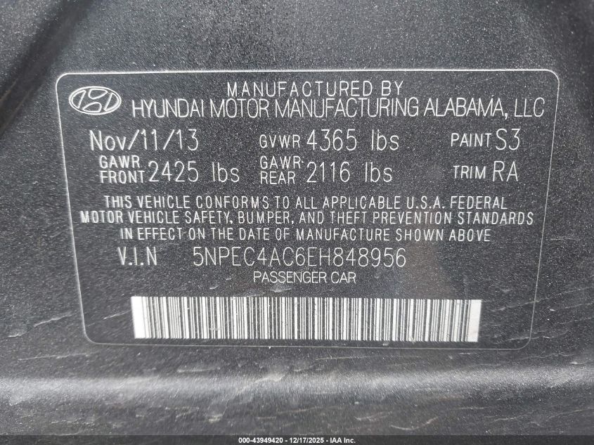 2014 Hyundai Sonata Limited VIN: 5NPEC4AC6EH848956 Lot: 43949420