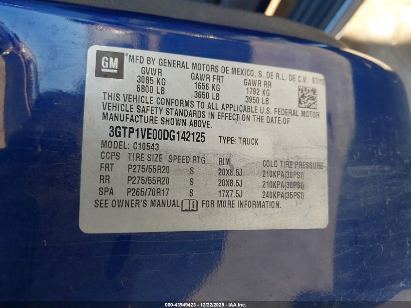 2013 GMC Sierra 1500 Sle VIN: 3GTP1VE00DG142125 Lot: 43949423