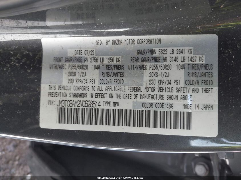 2022 Mazda Cx-9 Touring Plus VIN: JM3TCBAY2N0628614 Lot: 43949424