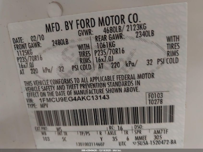 2010 Ford Escape Limited VIN: 1FMCU9EG4AKC13143 Lot: 43949426