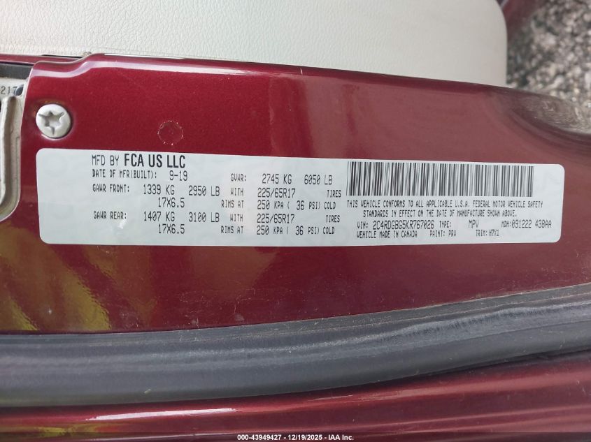 2019 Dodge Grand Caravan Se VIN: 2C4RDGBG5KR767026 Lot: 43949427