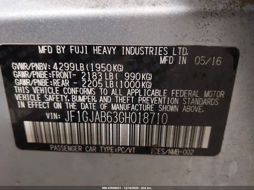 2016 Subaru Impreza 2.0I Premium VIN: JF1GJAB63GH018710 Lot: 43949431