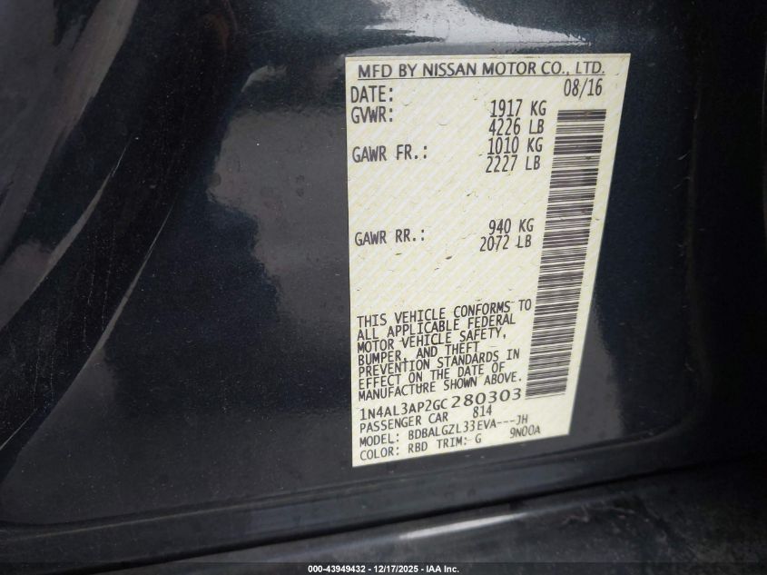 2016 Nissan Altima 2.5 S VIN: 1N4AL3AP2GC280303 Lot: 43949432