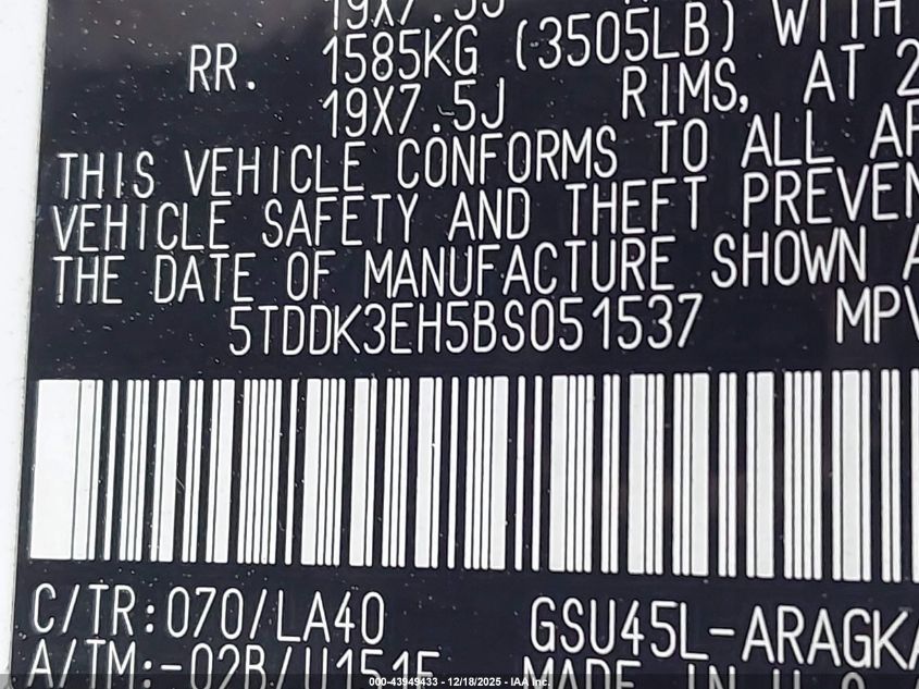 2011 Toyota Highlander Limited V6 VIN: 5TDDK3EH5BS051537 Lot: 43949433