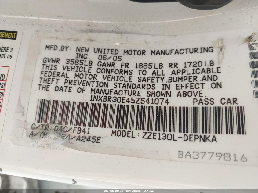 2005 Toyota Corolla Le VIN: 1NXBR30E45Z541074 Lot: 43949434