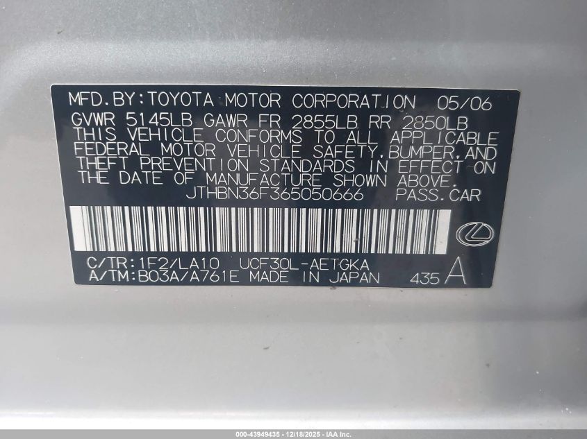 2006 Lexus Ls 430 VIN: JTHBN36F365050666 Lot: 43949435