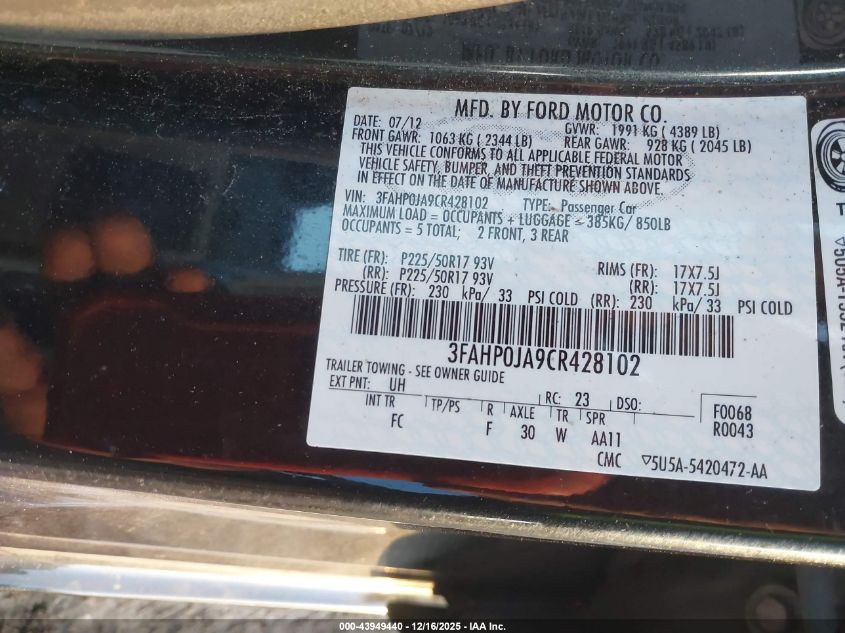 2012 Ford Fusion Sel VIN: 3FAHP0JA9CR428102 Lot: 43949440