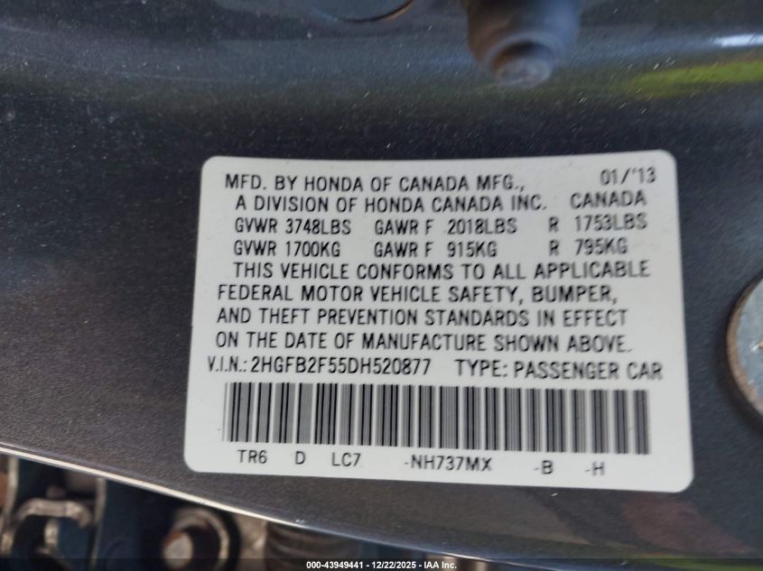 2013 Honda Civic Lx VIN: 2HGFB2F55DH520877 Lot: 43949441