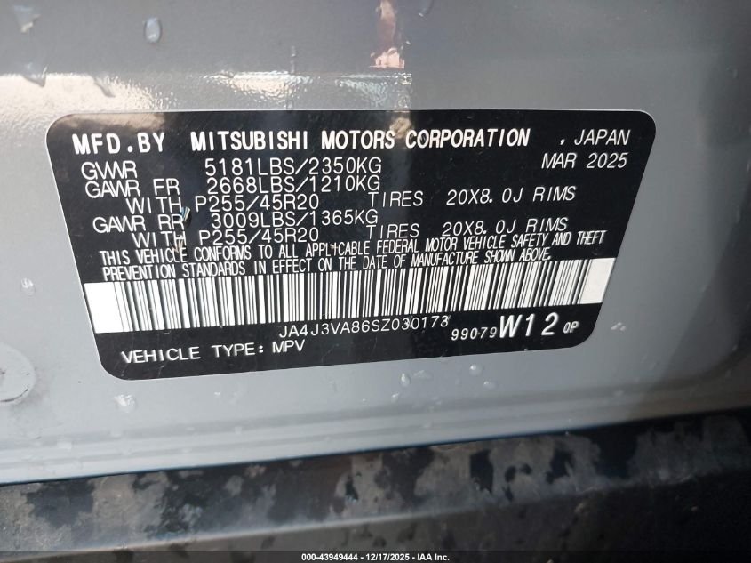 2025 Mitsubishi Outlander Se 2.5 2Wd VIN: JA4J3VA86SZ030173 Lot: 43949444